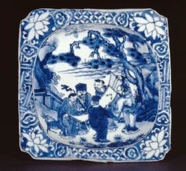 Prato quadrado kosometsuke azul e branco pintado com Shoulao e outros imortais, Tianqi, 1621-27 (porcelana)