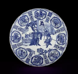 Prato de kraak azul e branco pintado com guerreiros, Wanli, 1590-1610 (porcelana)
