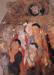 Budismo : "Grupo de monges e Bodissatvas" (ou bodhisatta) Fragmento de um fresco do século VIII do mosteiro chinês de Shiksha. Dim. 144x101 cm Museu Hermitage, São Petersburgo
