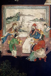 Painéis de madeira lacada Coromandel da China, detalhe, c.1730