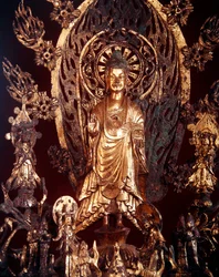 Detalhe de um retábulo dedicado a Buda Maitreya, 524 (bronze dourado)