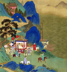 O imperador Qin Wang Ti (221-206 a.C.) viaja num palanquim, de uma história dos imperadores chineses