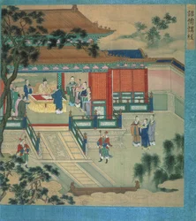 Imperador Hsien Ti (fl.189-220) com estudiosos que traduzem textos clássicos, de uma história de imperadores chineses (cor de seda)