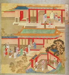 Imperador Hsuan Tsung (712-756 dC) em casa, a partir de uma história de imperadores chineses (cor de seda)