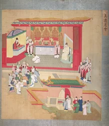 Imperador Hui Tsung (r.1100-26) praticando com a seita budista Tao-See, de uma História dos Imperadores da China (cor na seda)