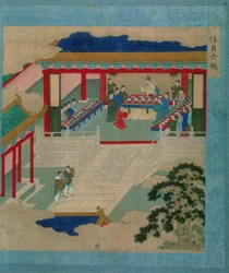 Imperador Hui Tsung (r.1100-26) participando de um festival em que ele bebe de um copo feito de pedras preciosas, de uma história de imperadores chineses (cor de seda)