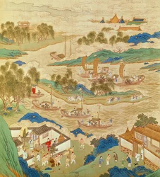 Imperador Hui Tsung (r.1100-26) transportando pedras perfuradas e árvores de formas estranhas, de uma História dos Imperadores da China (cor de seda)