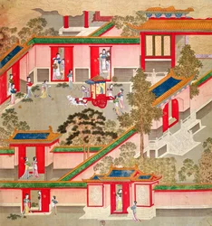 Imperador Wu Ti (156-87, r.141-87 aC), deixando seu palácio, a partir de uma história de imperadores chineses (cor de seda)