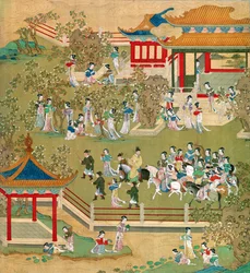 Imperador Yang Ti (581-618) passeando em seus jardins com suas esposas, de uma história de imperadores chineses (cor de seda) (ver também 176855)