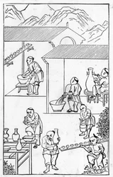 Esmaltando, a partir de uma série de ilustrações sobre a fabricação da china (ver 384116 e 384117 para toda a série)