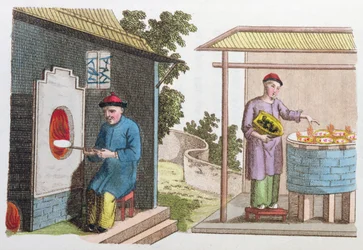 Despedimento de porcelana na China no final do século XVIII, de La Chine en Miniature, de JB Breton, Paris, editado por Nepveu, 1811 (gravura a cores)