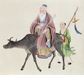 Lao-Tzu (c.604-531) em seu búfalo, seguido por um discípulo (wc no papel)