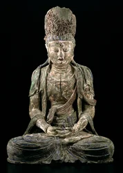 Grande bodhisattva sentado em meditação, dinastia Jin (1115-1234) (madeira e pigmento) (ver 206545)