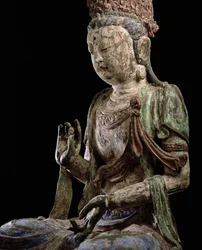 Grande bodhisattva sentado com as mãos levantadas, dinastia Jin (1115-1234) (madeira e pigmento) (detalhe) (ver 206546)