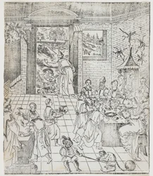 Lázaro na Casa do Homem Rico, prato de Giulio Alenis Tianzhu jiangsheng zhuxiang jingjie (Uma História Ilustrada do Senhor do Céu que se tornou Encarnado na Carne), Igreja Jinjiang, Fu