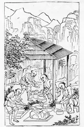 Fazendo casos de argila grossa para segurar a china enquanto no forno, de uma série de ilustrações da fabricação da china (ver 384116 e 384117 para toda a série)