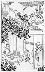 Moldagem e colocação na roda de oleiro, a partir de uma série de ilustrações sobre a fabricação da china (ver 384116 e 384117 para toda a série)