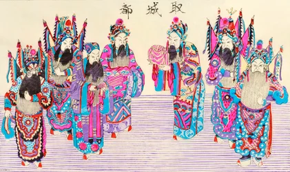 Impressão de uma cena de ópera chinesa (woodblock colorido sobre papel)