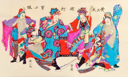 Impressão de uma cena de ópera chinesa (woodblock colorido sobre papel)