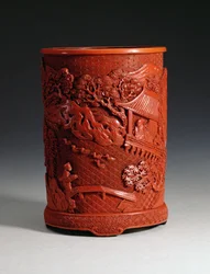 Escova moldada em vermelho, representando o famoso calígrafo Wang Hsi-chih (c.307-365 dC) sentado em seu retiro no pavilhão, olhando para os gansos em uma lagoa e um menino cruzando uma ponte, a dinastia Ching, Qianlon