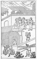 Cena de atividades em uma fábrica na China, a partir de uma série de ilustrações sobre a fabricação da China (ver 384116 e 384117 para toda a série)