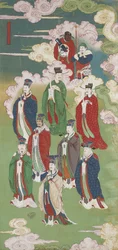 Os imperadores exaltados e os deuses dos cinco sentidos, de um conjunto de rituais budistas terrestres e aquáticos (tinta, cores e ouro em seda)