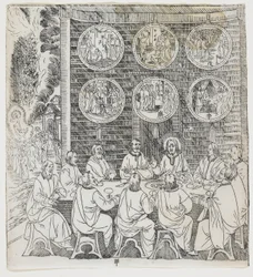 Cristo ressuscitado aparece aos seus discípulos, prato de Giulio Alenis Tianzhu jiangsheng zhuxiang jingjie (Uma História Ilustrada do Senhor do Céu que se tornou Encarnado na Carne), Jinjiang Churc