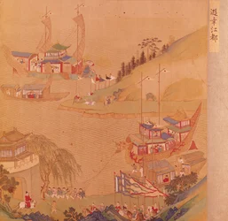 O segundo imperador Sui, Yangdi (569-618) com sua frota de embarcações à vela, de uma história de imperadores chineses (cor de seda)