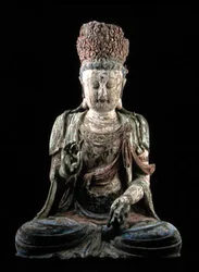 Grande bodhisattva sentado com as mãos levantadas, dinastia Jin (1115-1234) (madeira e pigmento) (ver 206547)