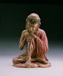 Figura de laca vermelha de Sakyamuni, o fundador da fé budista, emergindo das montanhas, Yan Dynasty, 1280-1368 (madeira e dourados)