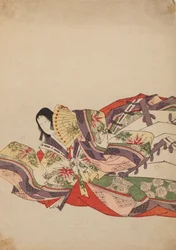 Dama da corte sentada, inclinada para a frente com um leque, prancha do álbum: Nishiki-zuri onna sanju rokkasen e-zukushi