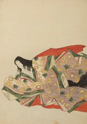 Dama da corte sentada com uma veste violeta-clara de padrão verde e amarelo, prancha do álbum: Nishiki-zuri onna sanju rokkasen e-zukushi