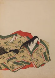 Dama da corte sentada com uma veste cinzento-oliva com motivo de flores de cerejeira, prancha do álbum: Nishiki-zuri onna sanju rokkasen e-zukushi