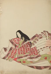 Dama da corte sentada com uma veste de losangos brancos e vermelhos, prancha do álbum: Nishiki-zuri onna sanju rokkasen e-zukushi