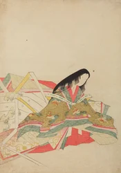 Dama da corte sentada com uma veste de padrão de aves hoo, prancha do álbum: Nishiki-zuri onna sanju rokkasen e-zukushi