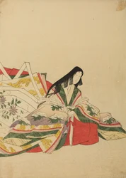 Dama da corte sentada, apoiada num leque, prancha do álbum: Nishiki-zuri onna sanju rokkasen e-zukushi