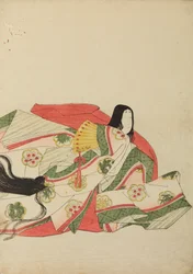 Dama da corte sentada com um leque amarelo, prancha do álbum: Nishiki-zuri onna sanju rokkasen e-zukushi