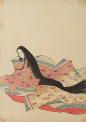 Dama da corte sentada, voltada para a esquerda, com veste rosa-lilás, prancha do álbum: Nishiki-zuri onna sanju rokkasen e-zukushi