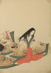 Dama da corte sentada, voltada para a direita, com uma veste de padrão de medalhões, prancha do álbum: Nishiki-zuri onna sanju rokkasen e-zukushi