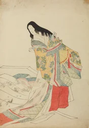 Dama da corte de pé com leque, prancha do álbum: Nishiki-zuri onna sanju e-zukushi