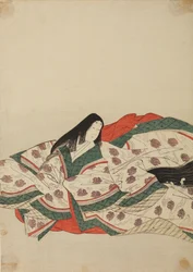 Dama da corte em quimono branco com padrão de patinhos na água, prancha do álbum: Nishiki-zuri onna sanju rokkasen e-zukushi