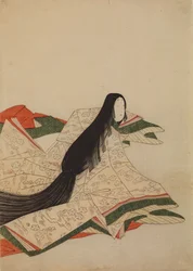 Dama da corte com quimono cor-de-rosa com padrão de flores de cerejeira sobre ondas, prancha do álbum: Trinta e seis poetisas / Nishiki-zuri onna sanju rokkasen e-zukushi