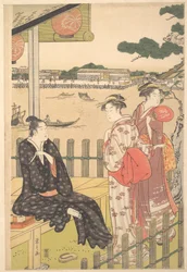 Grupo numa casa de chá na margem do rio Sumida