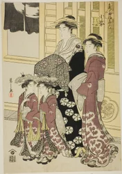 Komurasaki do Kadotamaya com atendentes Hatsune e Utano