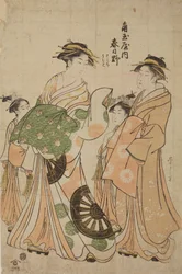 A oiran Katsugano da casa Kadotama-ya com uma acompanhante e duas kamuro