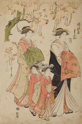 A oiran Renzan, de nascimento Tawaraya, com a sua acompanhante e as duas kamuro, Chidori e Tatsuta