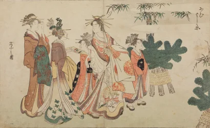Oiran durante um passeio de Ano Novo, rodeada por duas shinzo e duas kamuro