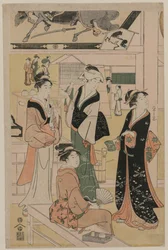 Mulheres visitando uma barraca de chá nos arredores de um templo