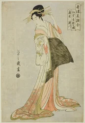 Takigawa do Ogiya na Primeira Venda do Ano Novo (Hatsu uri zashiki no zu), da série "Uma Comparação de Belezas Selecionadas dos Bairros do Prazer (Seiro bisen awase)"