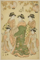 A cortesã Hanaogi do Ogiya, com crianças atendentes Yoshino e Tatsuta